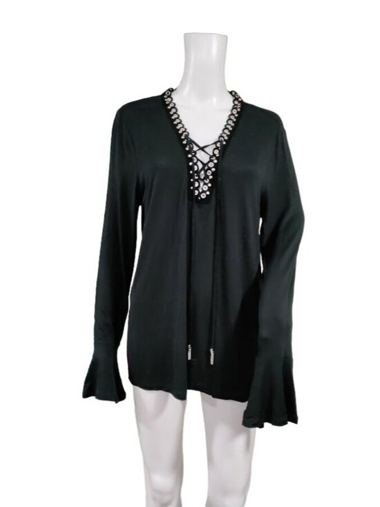 Michael Kors Bell Sleeve Black Lace Up Deep V Top Large - Picture 3 of 14